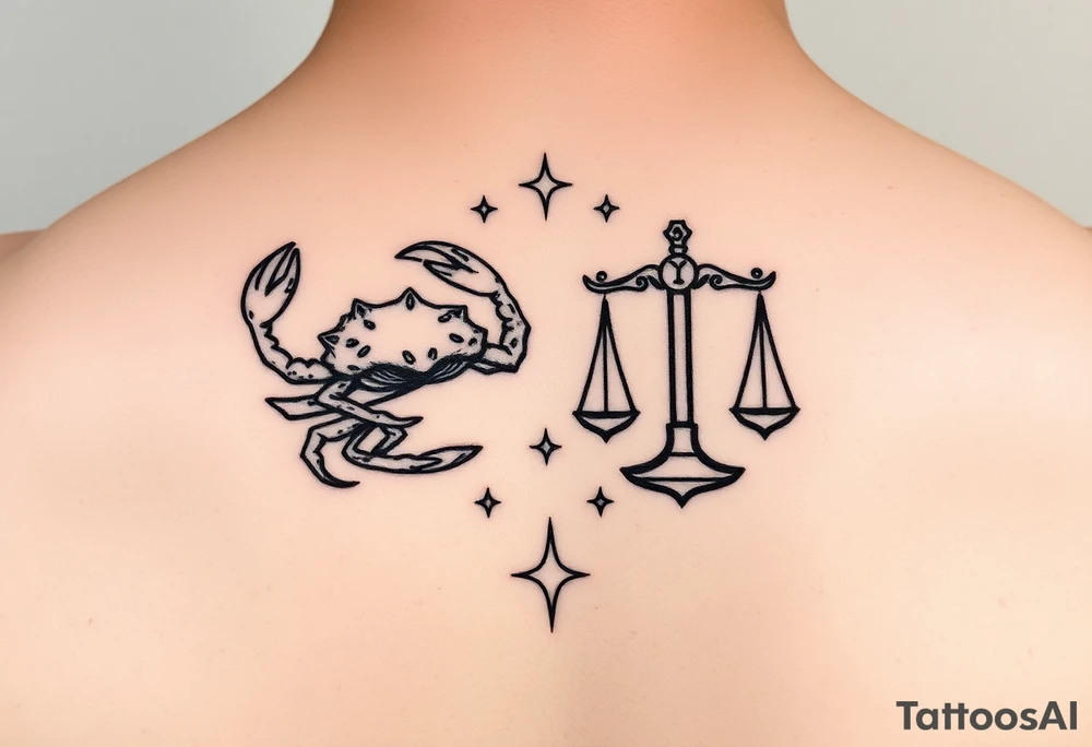 Cancer and libra zodiac signs intertwined elegant stars tattoo idea