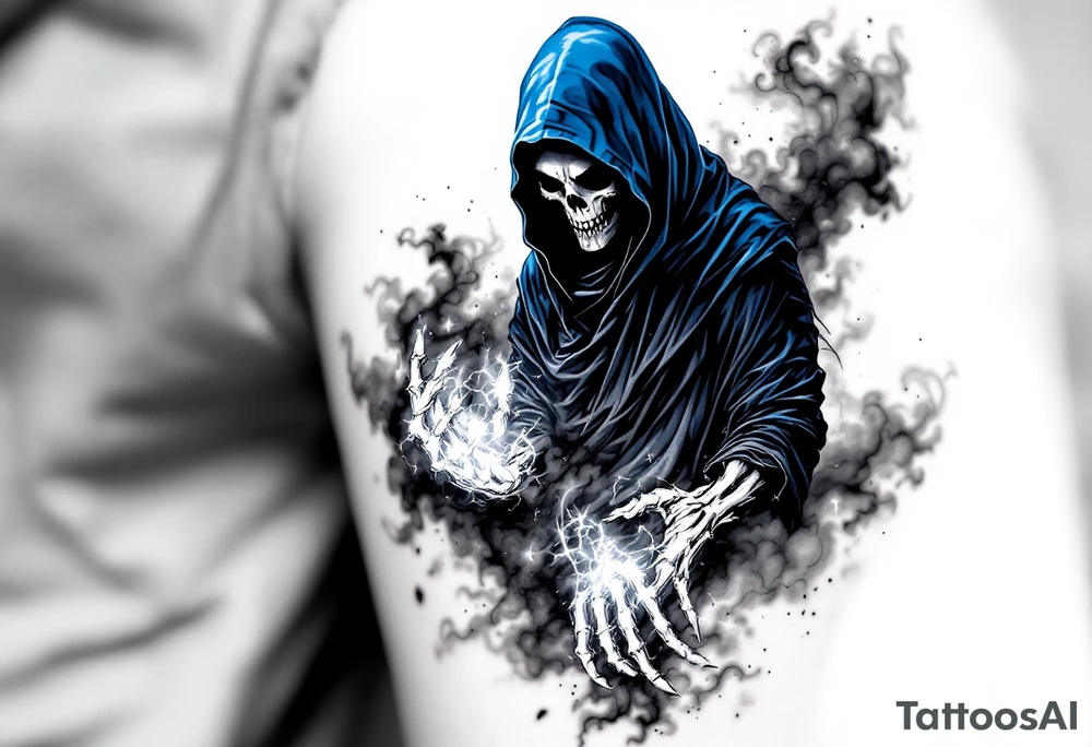 A blue-hooded Grim Reaper stepping out of a smoky gray mist with glowing white skeletal hands. tattoo idea