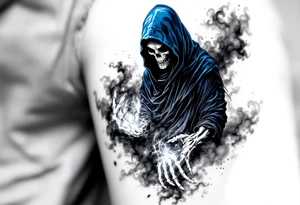 A blue-hooded Grim Reaper stepping out of a smoky gray mist with glowing white skeletal hands. tattoo idea