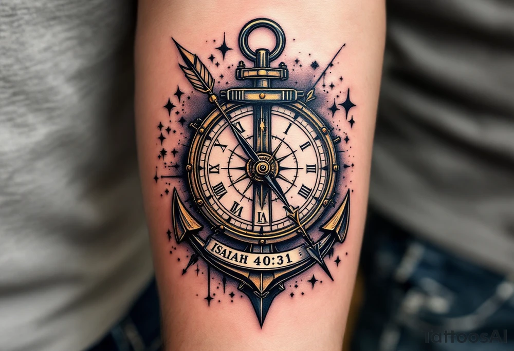 steampunk half compass half clock with a full-length arrow and anchor saying "Isaiah 40:31" tattoo idea