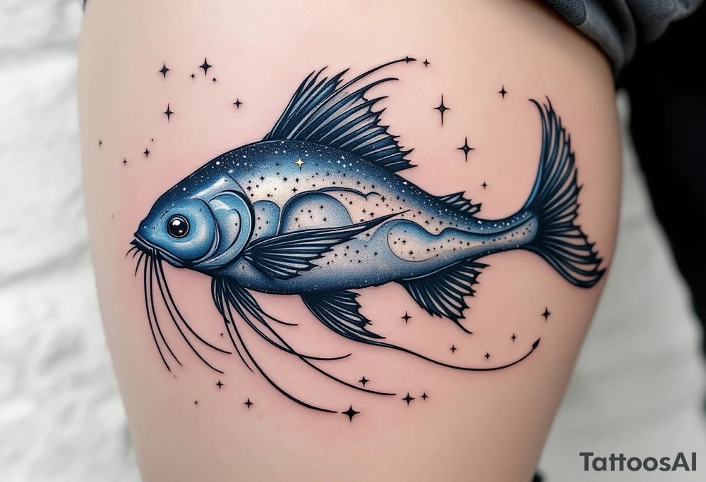 Celestial Catfish – A stylized catfish floating in space with midnight blue and silver shimmer, tiny star-shaped patterns on its back, and long whiskers flowing like comet trails. tattoo idea