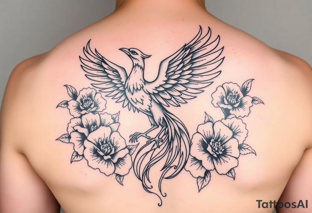A pheonix rising out of fire surrounded by carnation flowers tattoo idea
