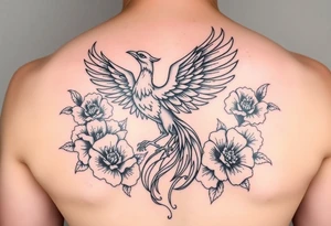 A pheonix rising out of fire surrounded by carnation flowers tattoo idea