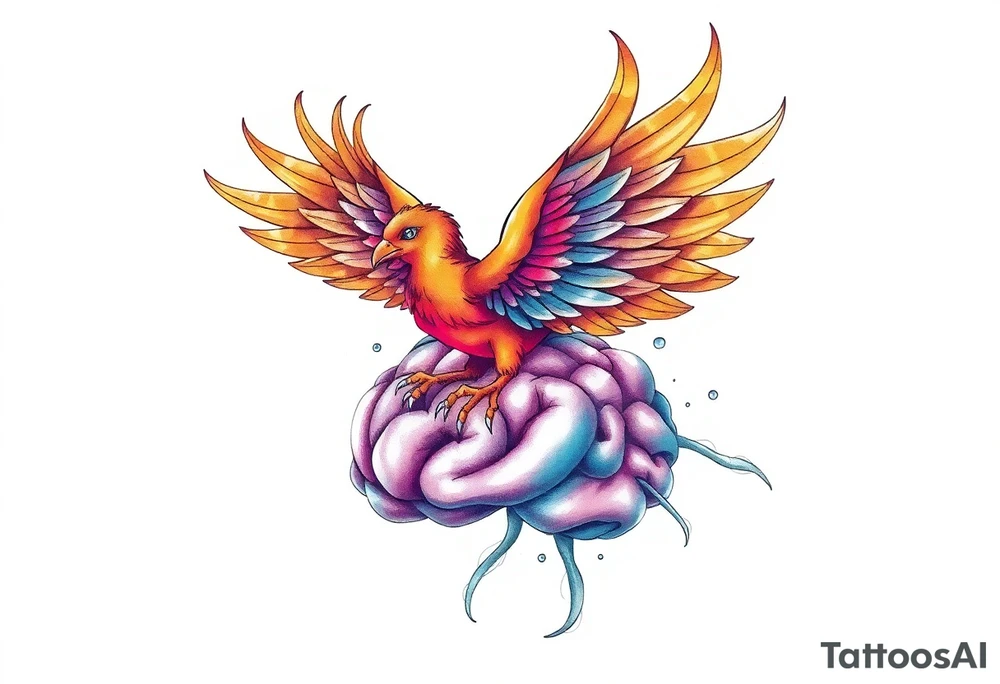 A phoenix flying out of a brain colorful tattoo idea
