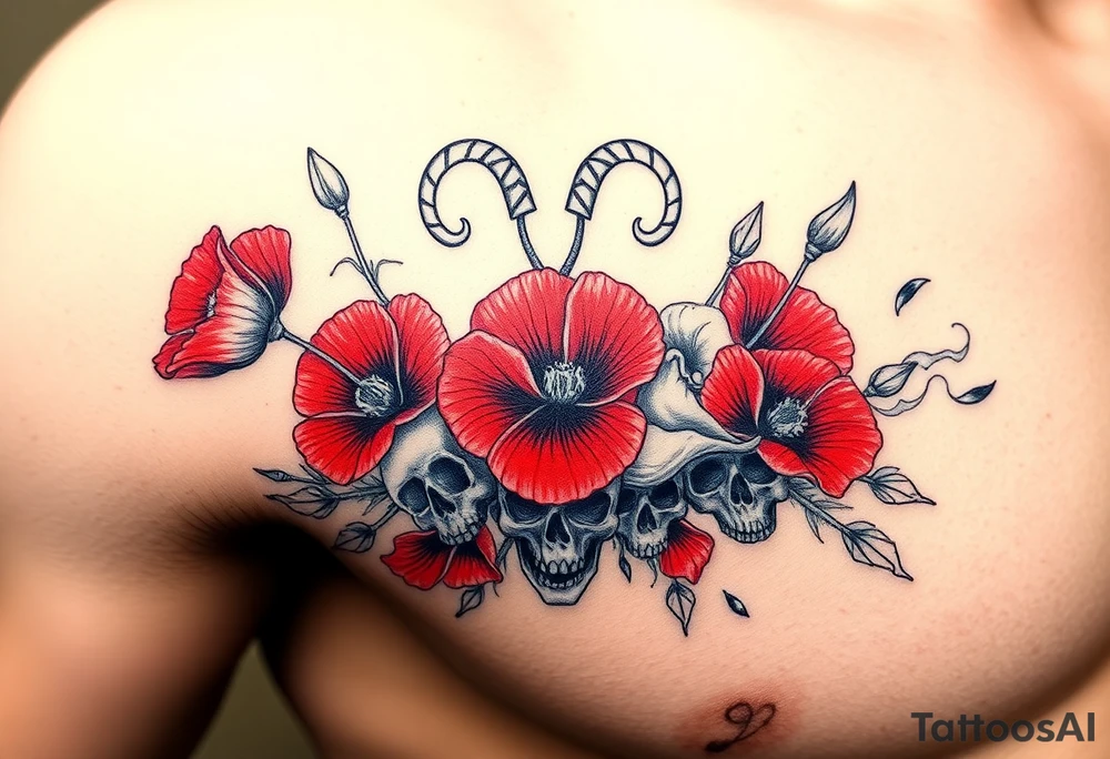 Ryan, Aries, red poppy’s, lilies, skulls, and smoke tattoo idea