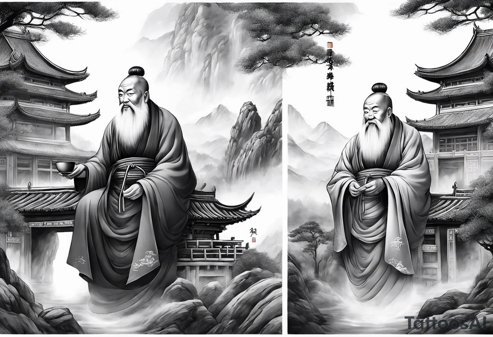 forearm sleeve traditional chinese art painting Chinese temple two old philosophers wearing robes and drinking tea mountains mist fog waterfall tattoo idea