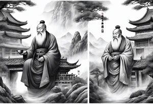 forearm sleeve traditional chinese art painting Chinese temple two old philosophers wearing robes and drinking tea mountains mist fog waterfall tattoo idea