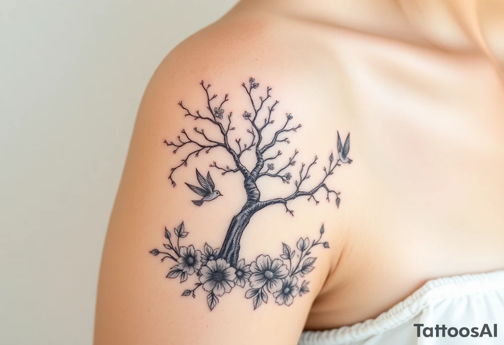 Angelic scene with tree, birds and flowers tattoo idea