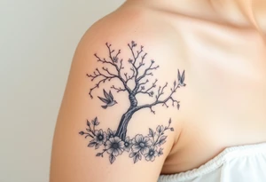 Angelic scene with tree, birds and flowers tattoo idea