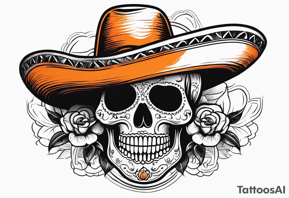 Mexican skull with sombrero with smoke coming out of the bottom orange and black tattoo idea