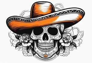 Mexican skull with sombrero with smoke coming out of the bottom orange and black tattoo idea