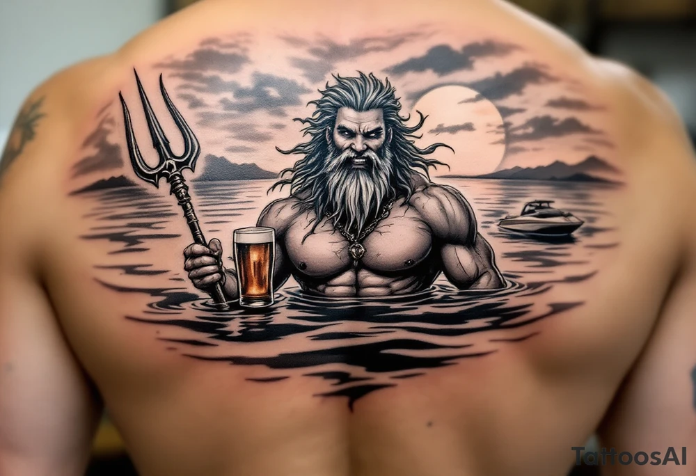 young, happy, fit poseidon in calm water, holding a trident, drinking a beer, with sunset, with ski boat tattoo idea