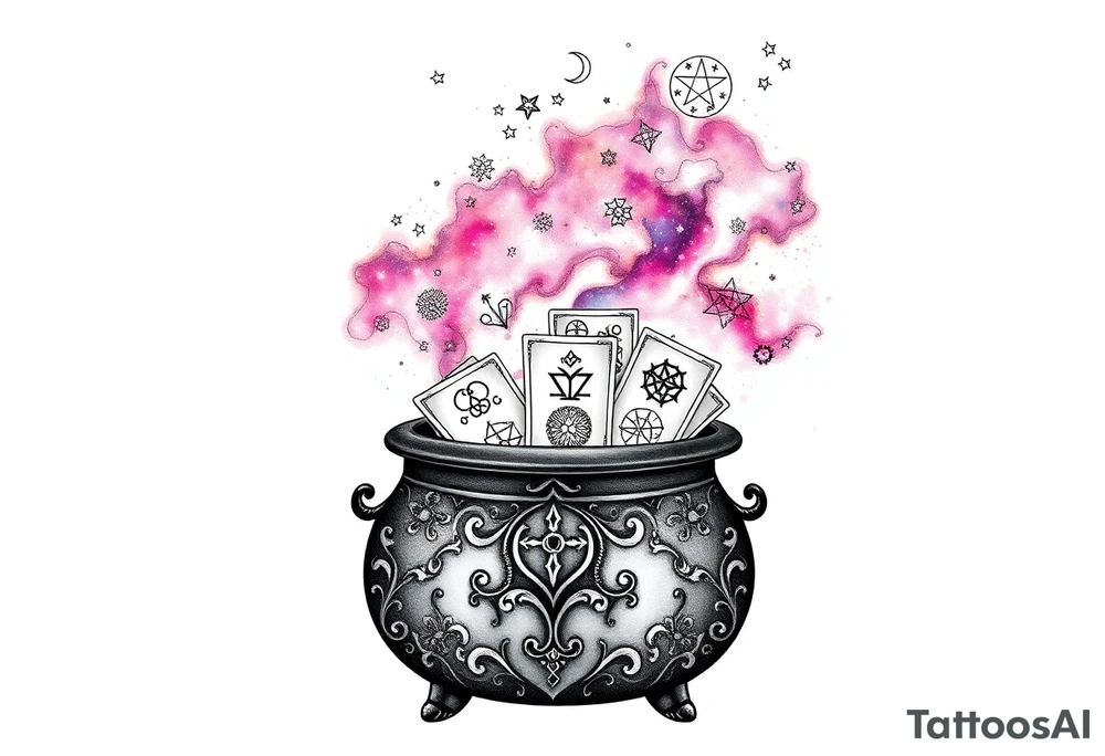Milky way galaxy filled with zodiac symbols runes tarot cards coming out of a cauldron tattoo idea