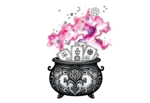 Milky way galaxy filled with zodiac symbols runes tarot cards coming out of a cauldron tattoo idea