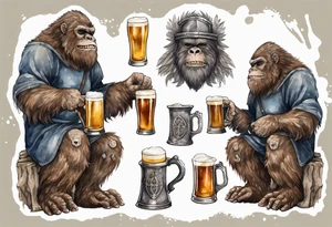 a medieval sasquatch wearing a tunic and drinking from a pewter mug of beer tattoo idea