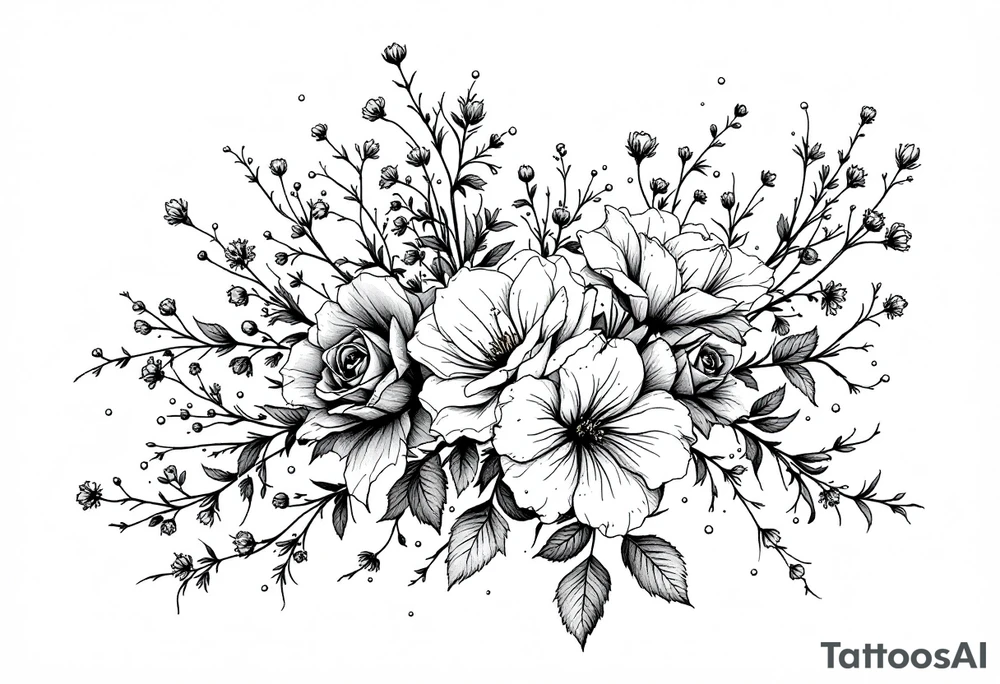 vintage bouquet of wild roses and meadow flowers with morning dew tattoo idea