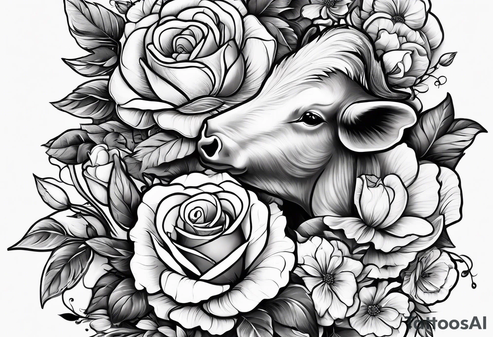 Tattoo thigh peice with Roses and flowers With nursing and hunting and cows and bulls and fishing and love and church. tattoo idea