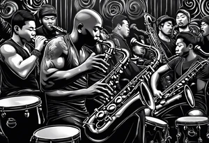 Muay Thai boxer with strong body is playing jazz on a Selmer tenor saxophone in a jazz club front of a jazz trio band. The notes are coming out from the saxophone and turning into buddhist symbols. tattoo idea