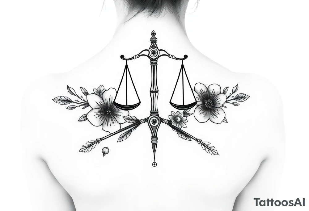 powerful Libra with flowers and spears from Nunavut and representing pain, anger love and healing for front of neck tattoo idea