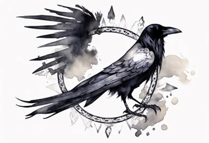 raven wearing a white ribbon around left leg tattoo idea