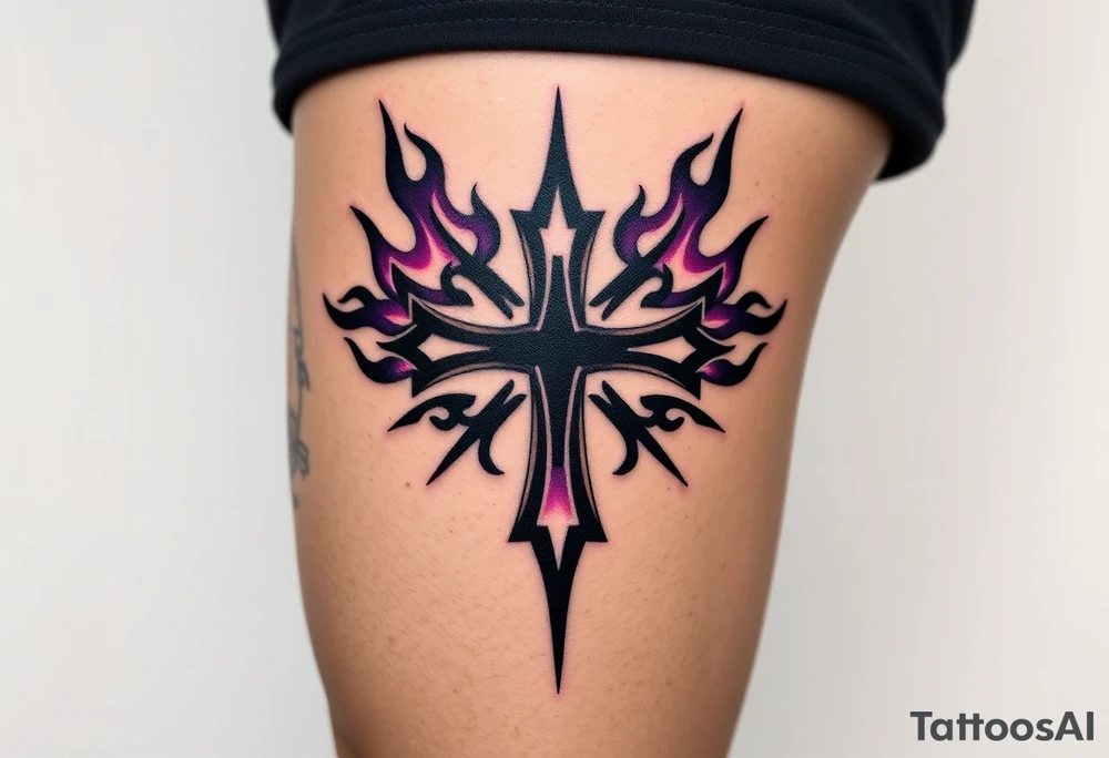 A black inverted cross engulfed in dark purple flames, tattoo idea
