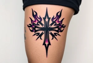 A black inverted cross engulfed in dark purple flames, tattoo idea