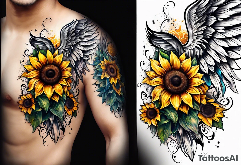 Sunflowers and angel wings leg sleeve tattoo idea