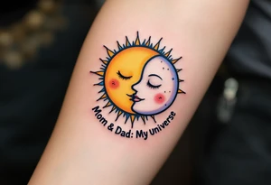A whimsical sun and moon design in yellow and navy with “Mom & Dad: My Universe” circling it. tattoo idea