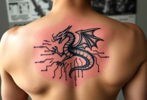 network security red team offensive security theme. Kali linux dragon emblem breaking through skin. Underneath the skin is a techy design like a circuit board or network map tattoo idea