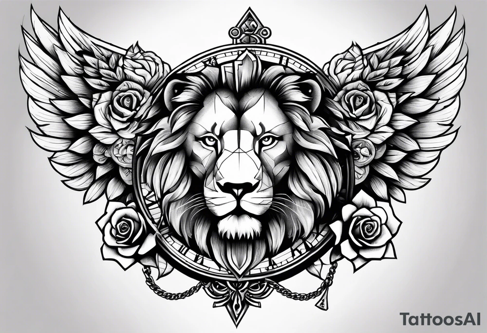 lion clock rose cross chain wing on thigh tattoo idea