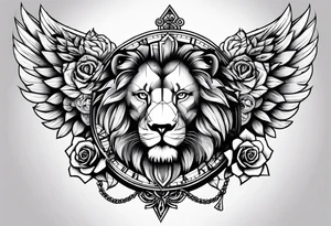 lion clock rose cross chain wing on thigh tattoo idea