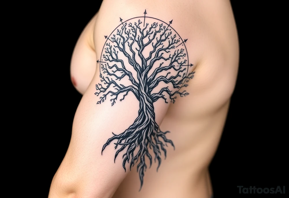 mystical tree of life with cosmic roots and celestial branches tattoo idea