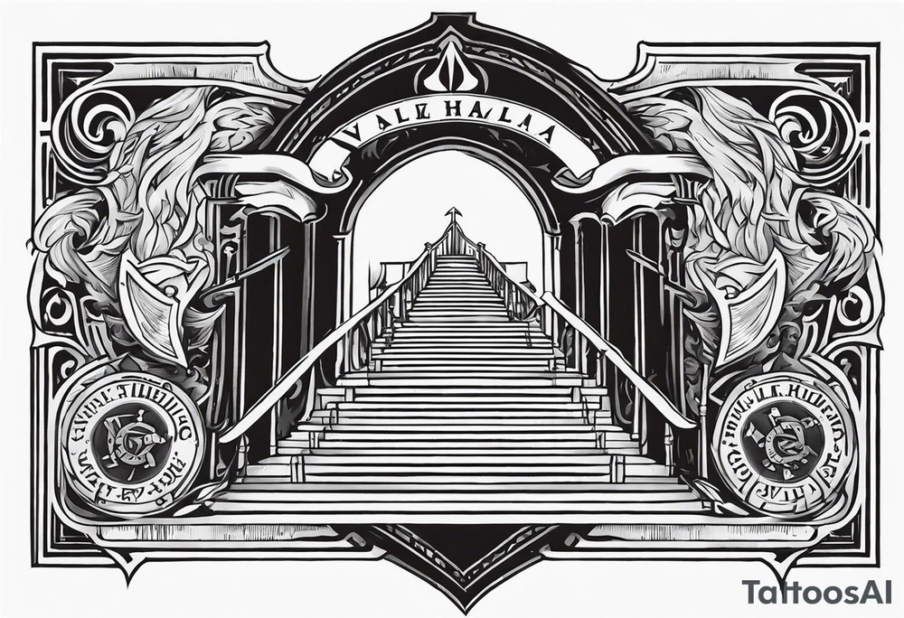 Valhalla shield sword axe fire stairs tattoo idea