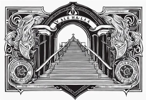 Valhalla shield sword axe fire stairs tattoo idea