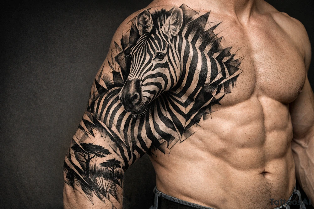 Realistic zebra across chest onto arm tattoo idea