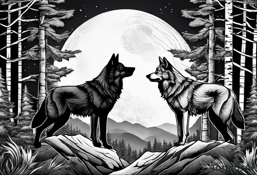 Mountain peaks
Two wolves sitting at end of trail
Moon
Dark woods tattoo idea