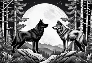 Mountain peaks
Two wolves sitting at end of trail
Moon
Dark woods tattoo idea