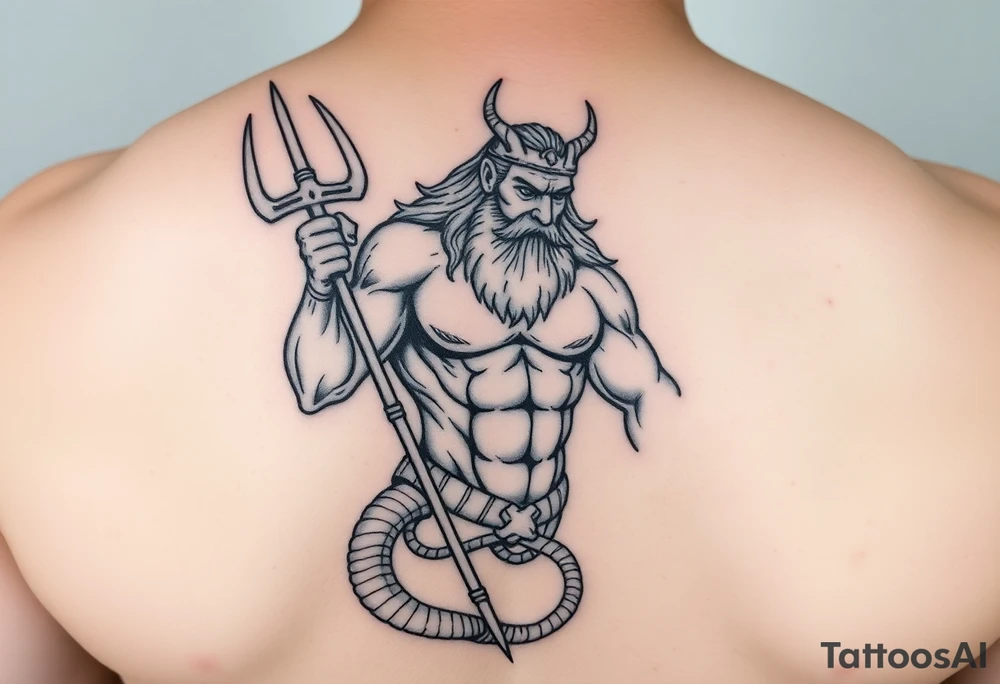 mid aged muscular poseidon with big trident tattoo idea