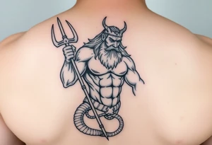 mid aged muscular poseidon with big trident tattoo idea