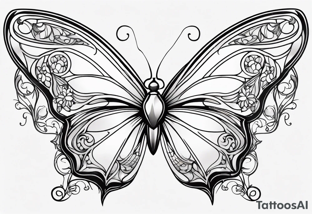 Elegant butterfly with Alphonse Mucha-inspired Art Nouveau curves, flowing organic lines forming the wings, and subtle floral motifs embedded within. tattoo idea