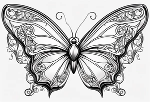 Elegant butterfly with Alphonse Mucha-inspired Art Nouveau curves, flowing organic lines forming the wings, and subtle floral motifs embedded within. tattoo idea