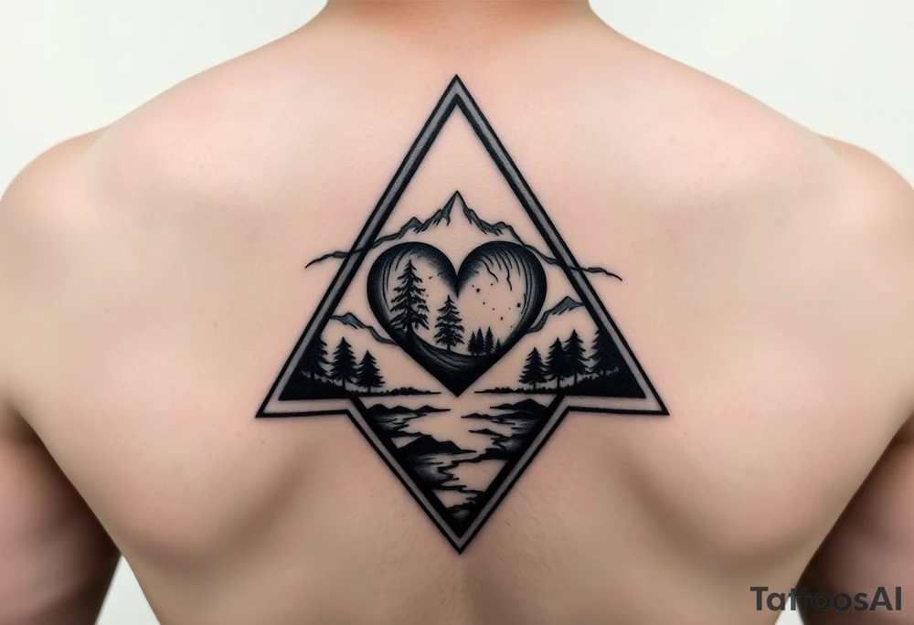 A triangle with a heart over the middle of the center and nature scene in background tattoo idea