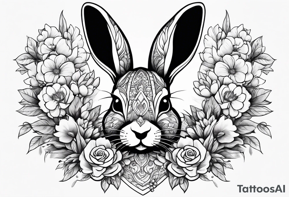 Rabbit head and flowers tattoo idea