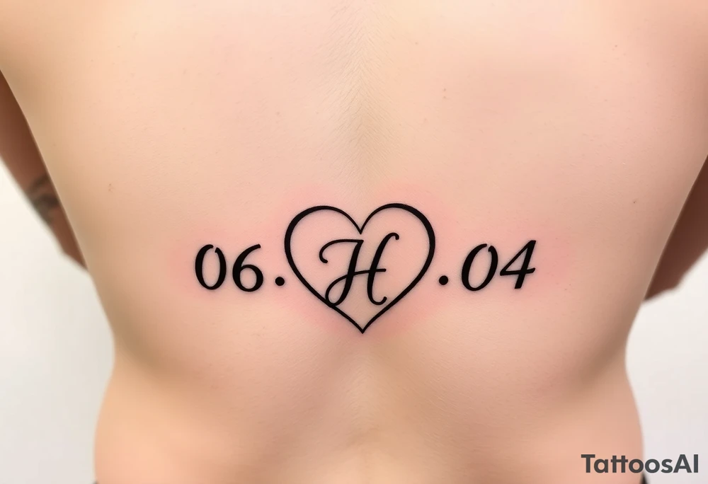 06-09-04 written and under it is a heart inside the heart is a letter H in cursive on the lower back waist tattoo idea