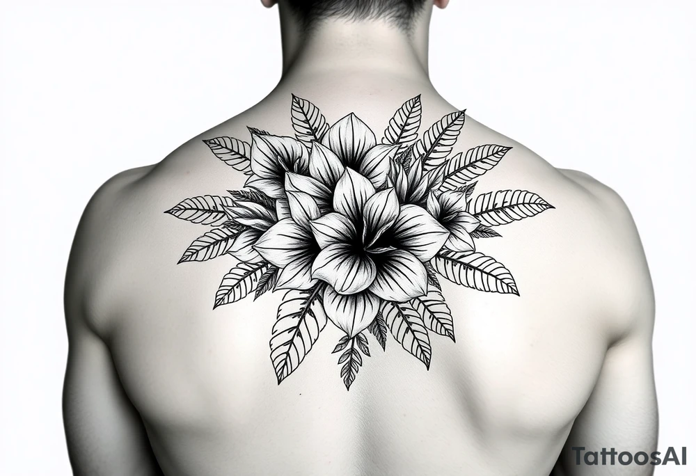 Bouquet made of birth flowers for the months of April May, June and August with exotic foliage like fern leaves and Monstera for arm sleeve tattoo idea