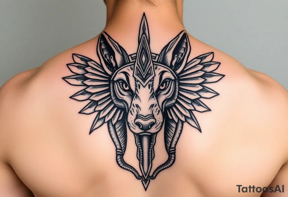 Egyptian Anubis god face muscle in Egypt style dog face surrounded Egyptian symbols and snakes full back tattoo idea