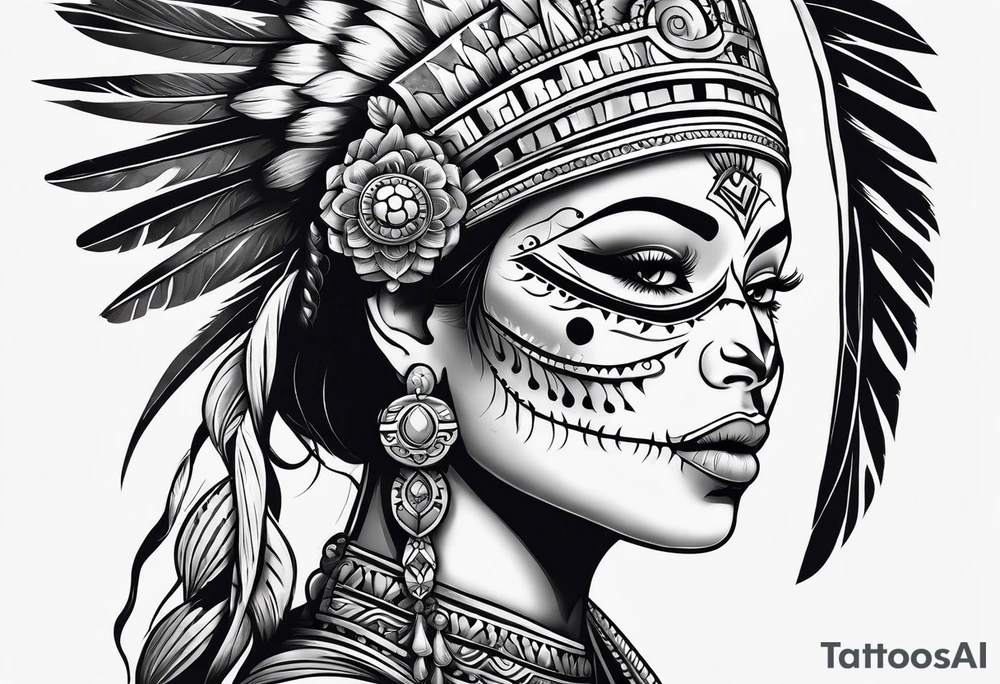Aztec princess side profile day of the dead tattoo idea