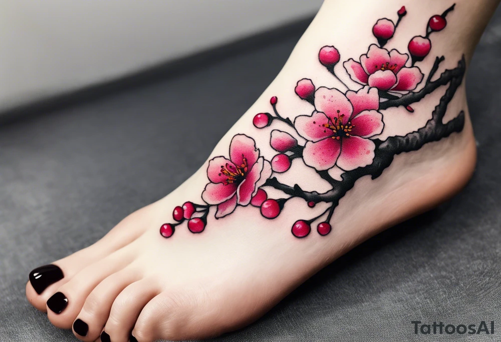 A foot tattoo of colorful cherry blossoms with a pink branch tattoo idea