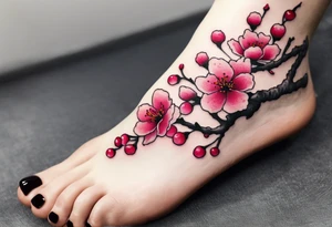 A foot tattoo of colorful cherry blossoms with a pink branch tattoo idea