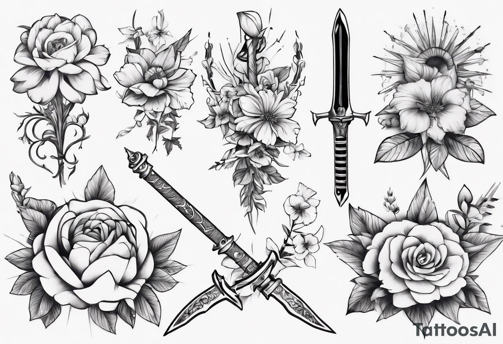 flowers with weapon tattoo idea